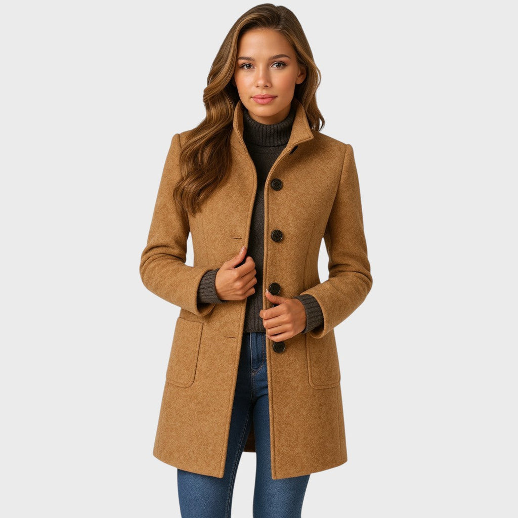 Women's Long Coat with Stand Collar and Button Front