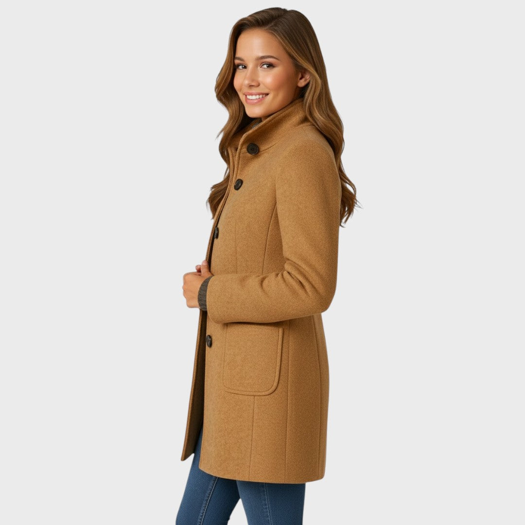 Women's Long Coat with Stand Collar and Button Front