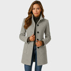 Women's Long Coat with Stand Collar and Button Front