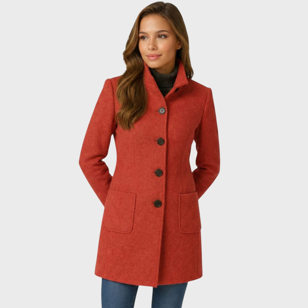 Women's Long Coat with Stand Collar and Button Front
