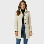 Women's Long Coat with Stand Collar and Button Front