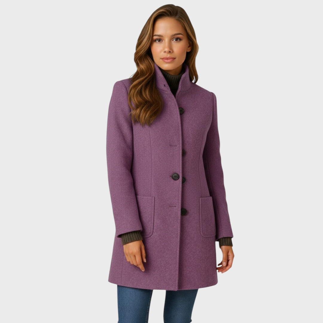 Women's Long Coat with Stand Collar and Button Front
