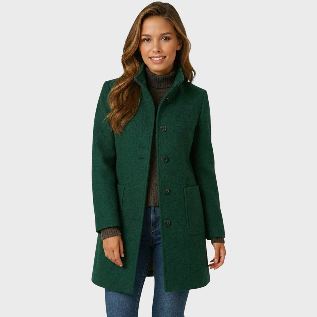 Women's Long Coat with Stand Collar and Button Front