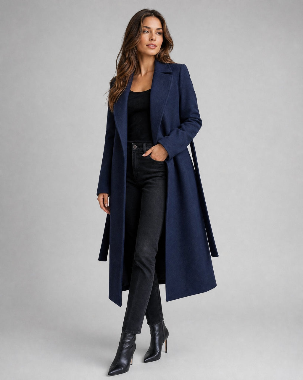 Women's Long Wool Look Belted Coat with Lapel Collar