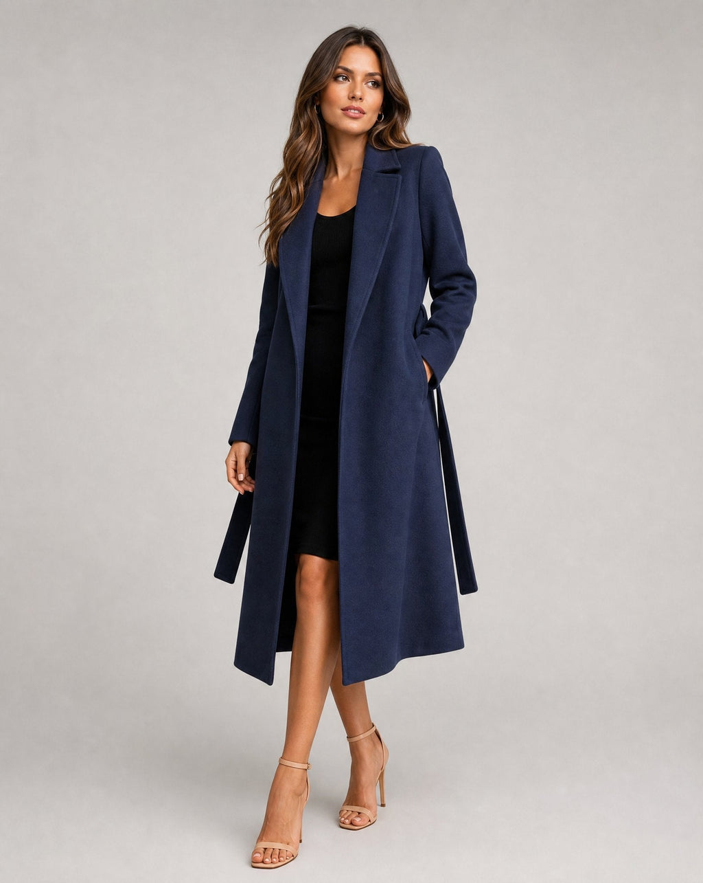 Women's Long Wool Look Belted Coat with Lapel Collar