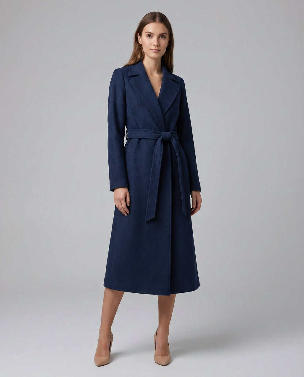 Women's Long Wool Look Belted Coat with Lapel Collar