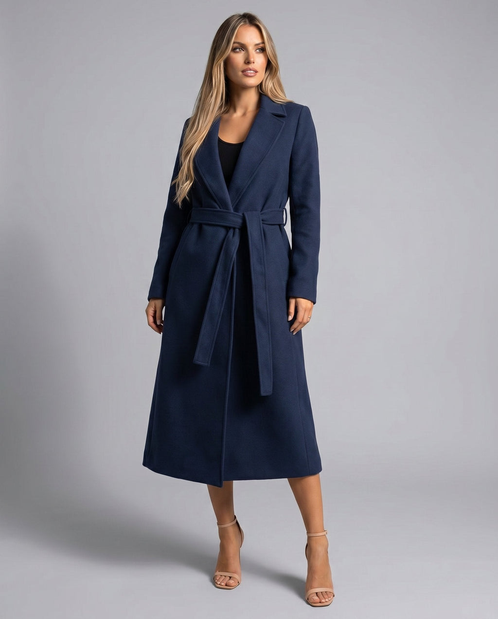 Women's Long Wool Look Belted Coat with Lapel Collar