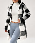 Women's Longline Checked Teddy Coat in Black – open front