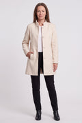 Women's Longline Coat with Funnel Neck and Covered Button Front in White – Front View