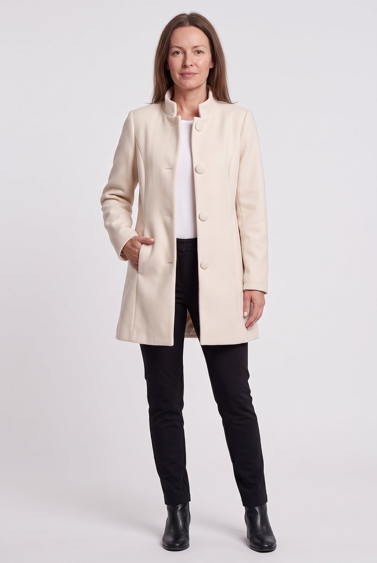 Women's Longline Coat with Funnel Neck and Covered Button Front in White – Front View