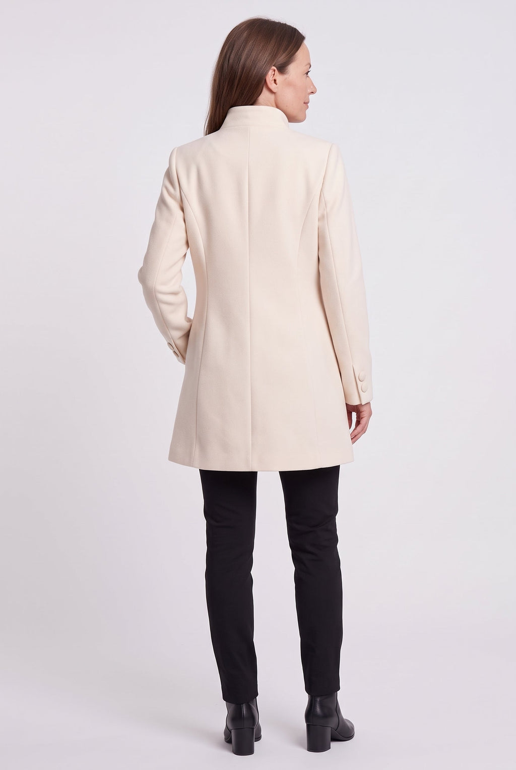 Women's Longline Coat with Funnel Neck and Covered Button Front in White – Back View