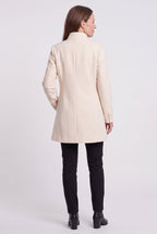 Women's Longline Coat with Funnel Neck and Covered Button Front in White – Back View