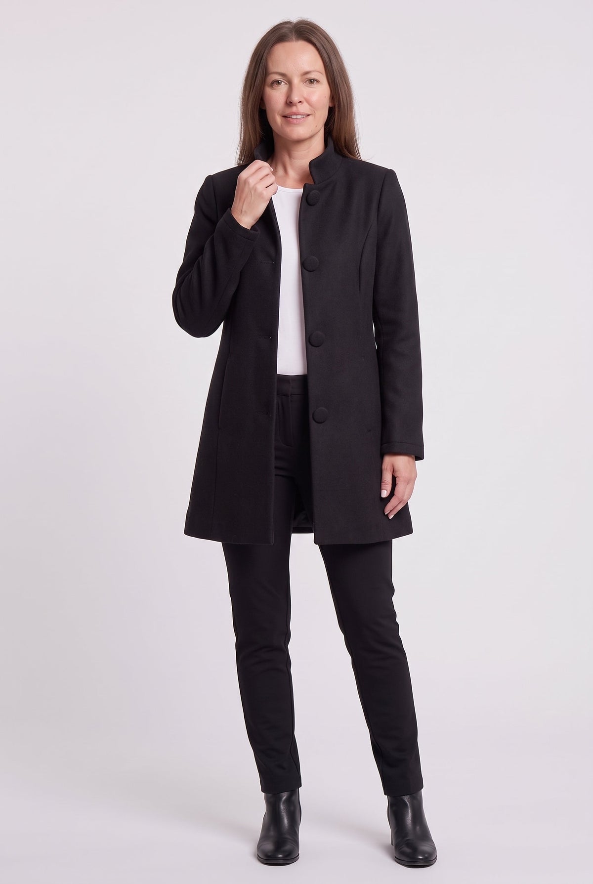 Women's Longline Coat with Funnel Neck and Covered Button Front in Black – Front View