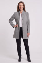 Women's Longline Coat with Funnel Neck and Covered Button Front in Grey – Front View