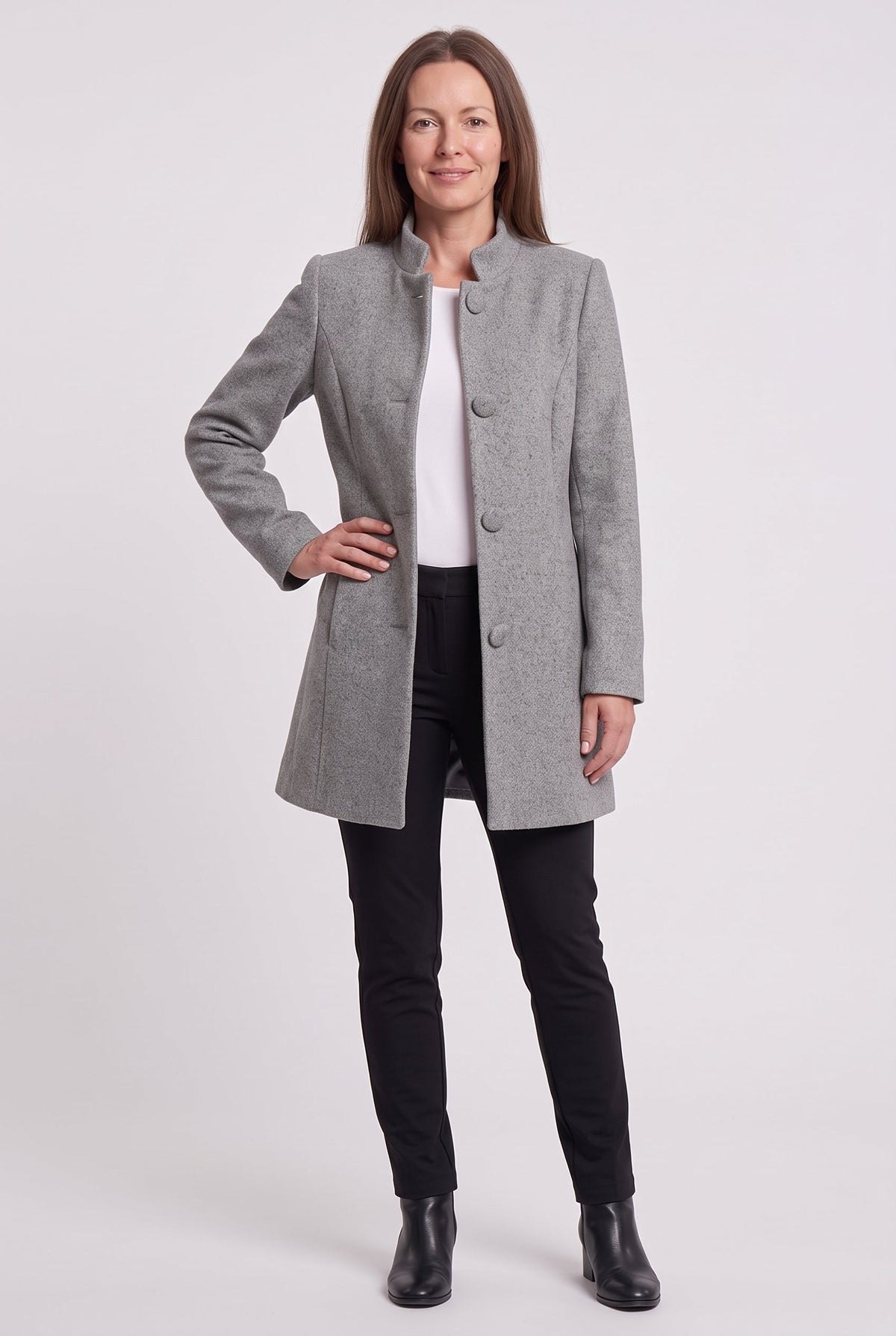 Women's Longline Coat with Funnel Neck and Covered Button Front in Grey – Front View