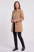 Women's Longline Coat with Funnel Neck and Covered Button Front in Khaki – Front View