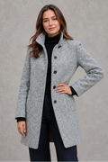 Women's Longline Coat with Stand Collar and Button Front in Grey – Front View
