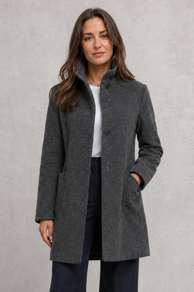 Women's Longline Coat with Stand Collar and Button Front in Charcoal – Front View