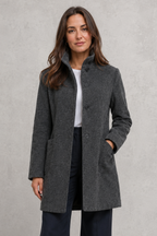 Women's Longline Coat with Stand Collar and Button Front in Charcoal – Front View