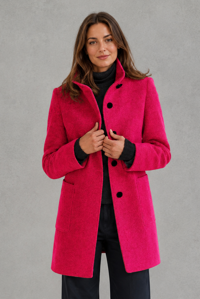 Women's Longline Coat with Stand Collar and Button Front in Fuchsia – Front View