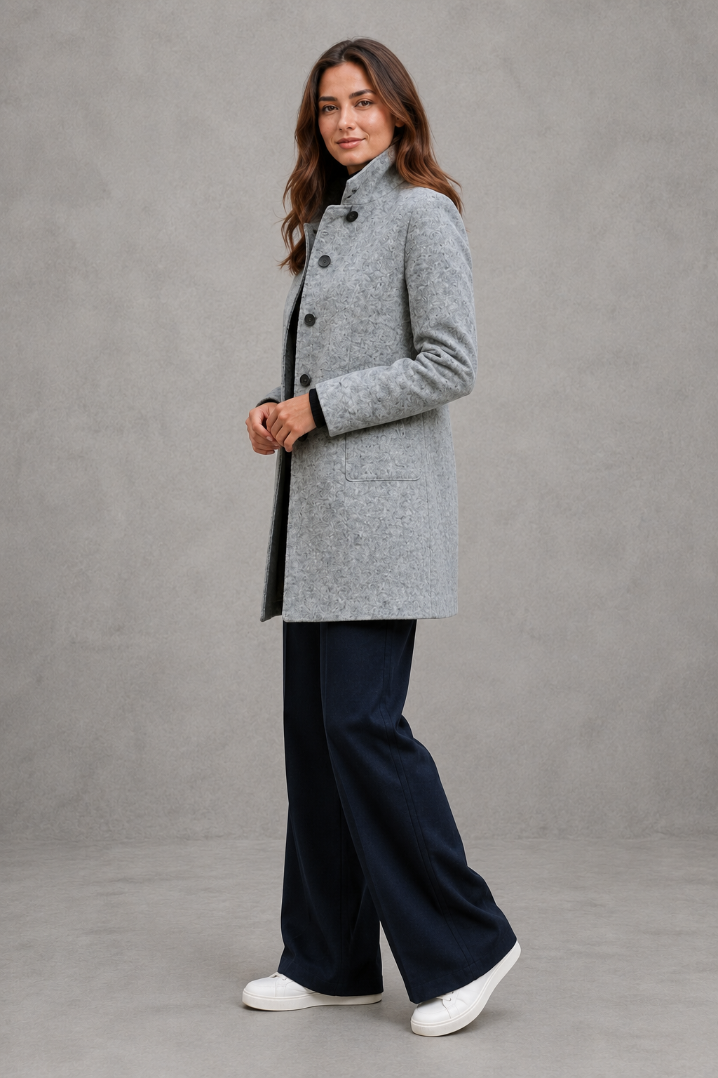 Women's Longline Coat with Stand Collar and Button Front in Grey – Side View