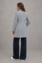 Women's Longline Coat with Stand Collar and Button Front in Grey – Back View