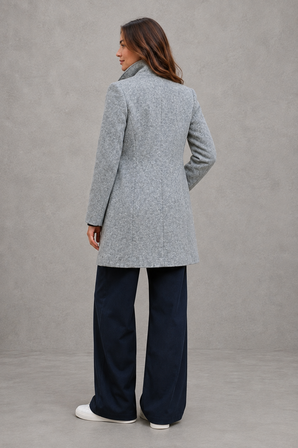 Women's Longline Coat with Stand Collar and Button Front in Grey – Back View