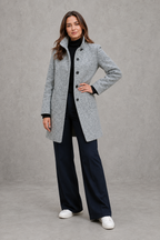 Women's Longline Coat with Stand Collar and Button Front in Grey – Front View