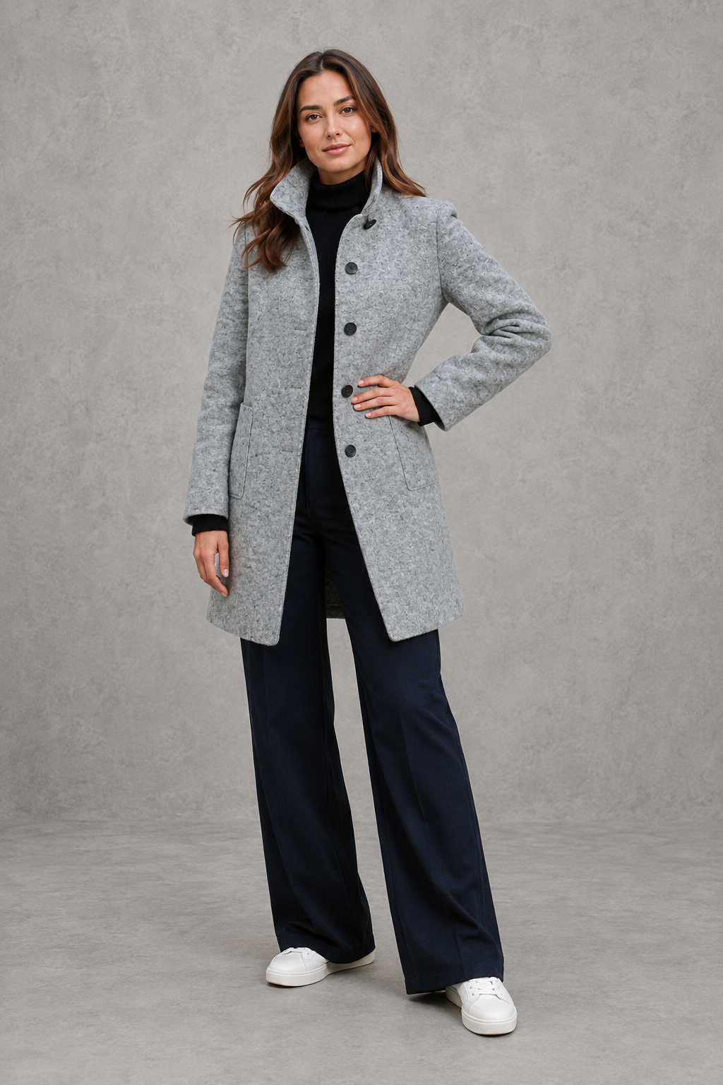Women's Longline Coat with Stand Collar and Button Front in Grey – Front View