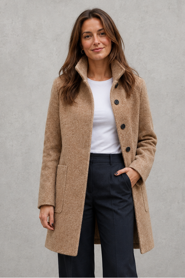 Women's Longline Coat with Stand Collar and Button Front in Camel – Front View