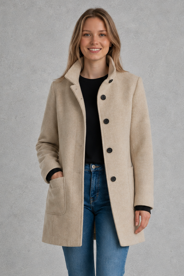 Women's Longline Coat with Stand Collar and Button Front in Khaki – Front View