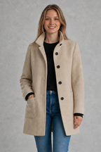 Women's Longline Coat with Stand Collar and Button Front in Khaki – Front View