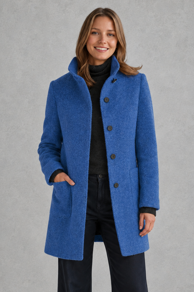 Women's Longline Coat with Stand Collar and Button Front in Blue – Front View
