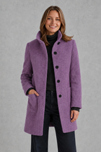 Women's Longline Coat with Stand Collar and Button Front in Purple – Front View