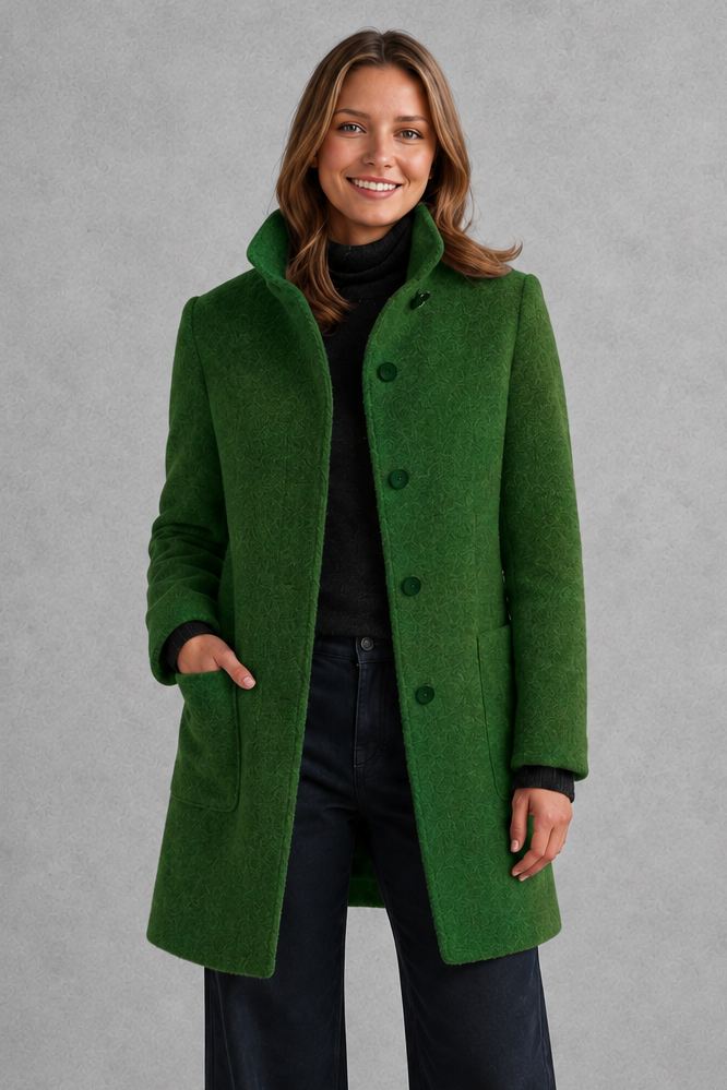 Women's Longline Coat with Stand Collar and Button Front in Green – Front View