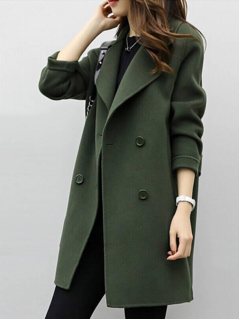 Women's Double-Breasted Long Coat with Lapel Collar