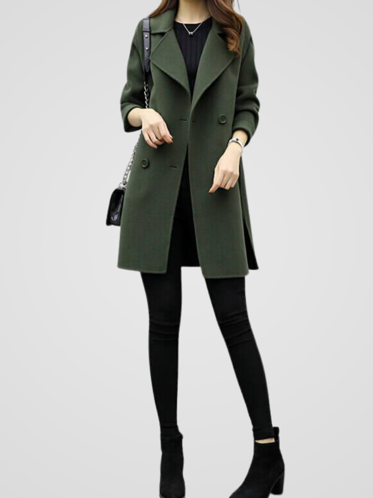Women's Double-Breasted Long Coat with Lapel Collar