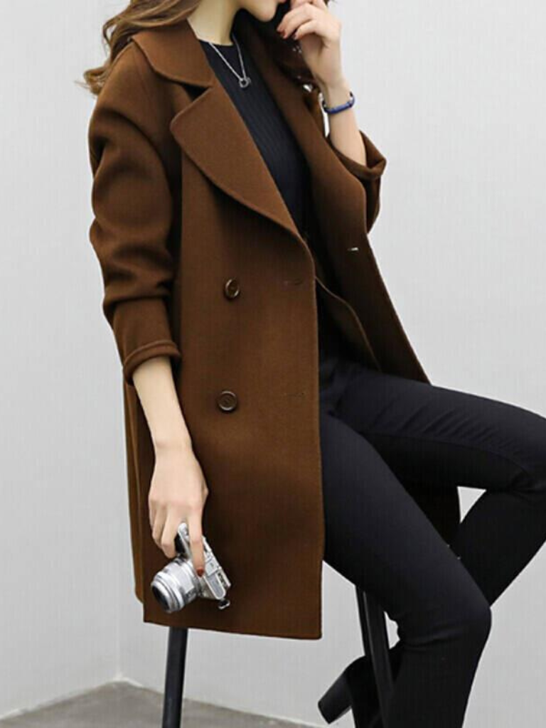 Women's Double-Breasted Long Coat with Lapel Collar