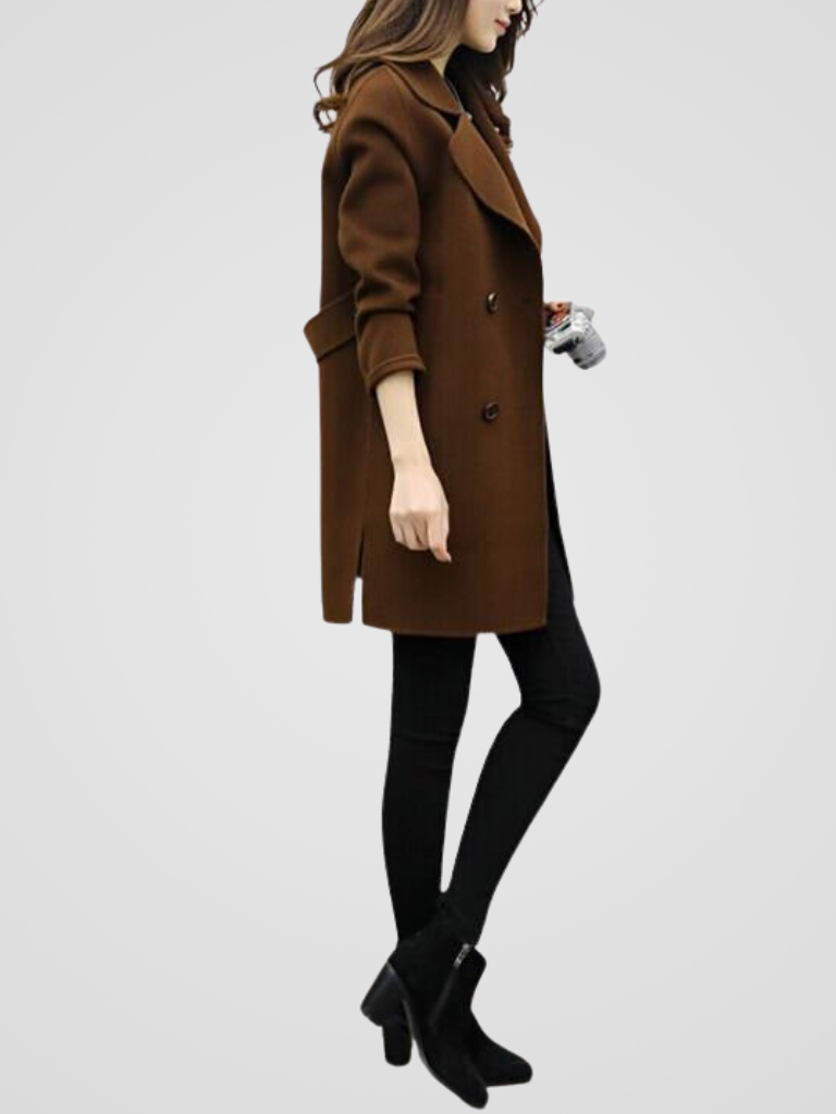 Women's Double-Breasted Long Coat with Lapel Collar