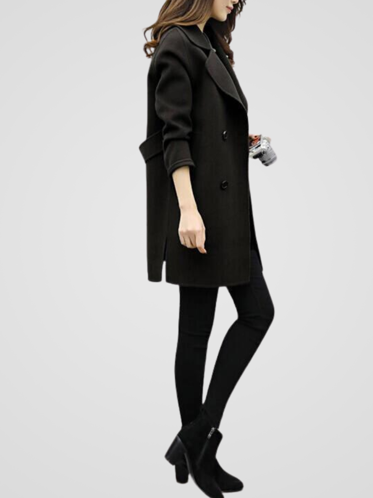 Women's Double-Breasted Long Coat with Lapel Collar