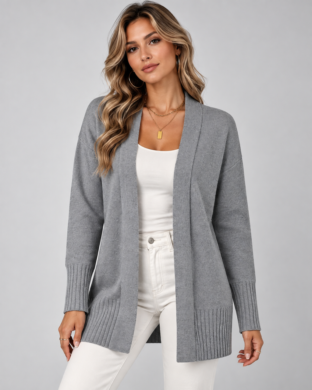 Women's longline draped cardigan in grey - model shot
