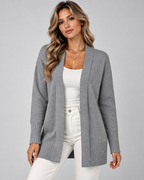 Women's longline draped cardigan in grey - model shot