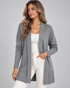 Women's longline draped cardigan in grey - model shot