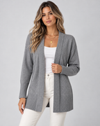 Women's longline draped cardigan in grey - front model shot