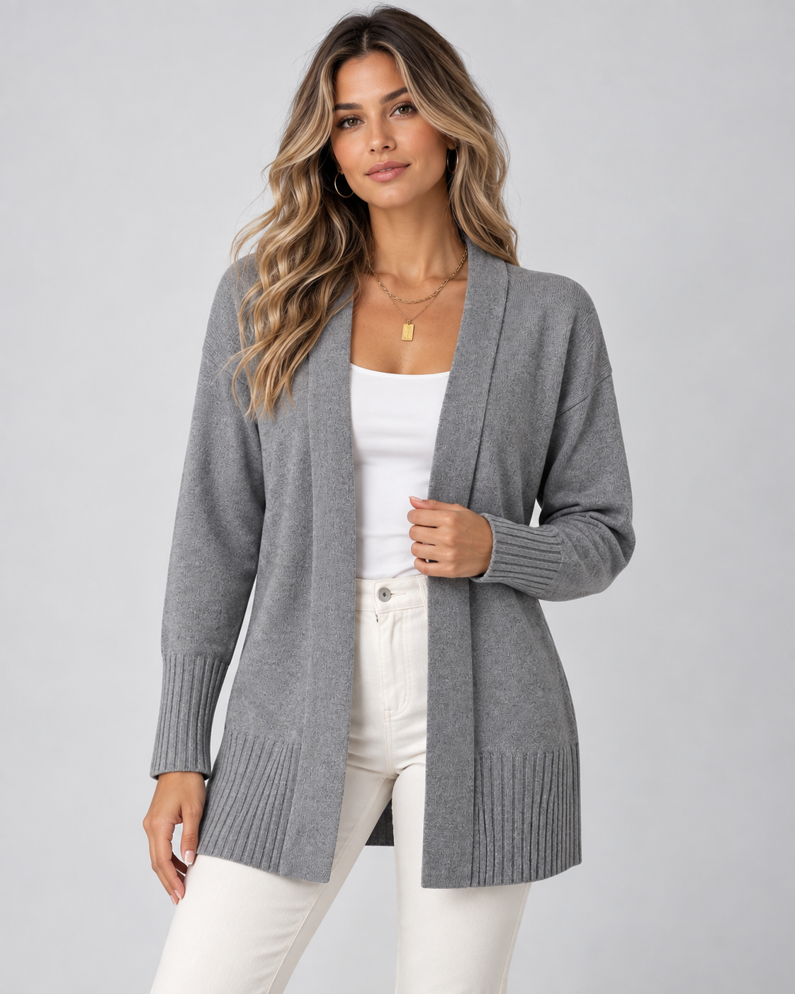 Women's longline draped cardigan in grey - front model shot
