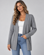 Women's longline draped cardigan in grey - side model shot