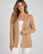 Women's longline draped cardigan in khaki - front model shot