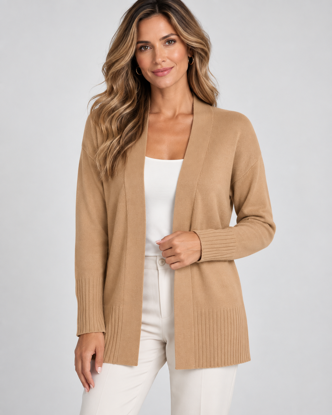 Women's longline draped cardigan in khaki - front model shot