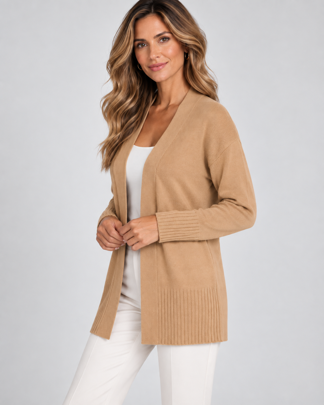 Women's longline draped cardigan in khaki - side model shot