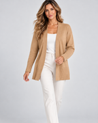 Women's longline draped cardigan in khaki - walking model shot